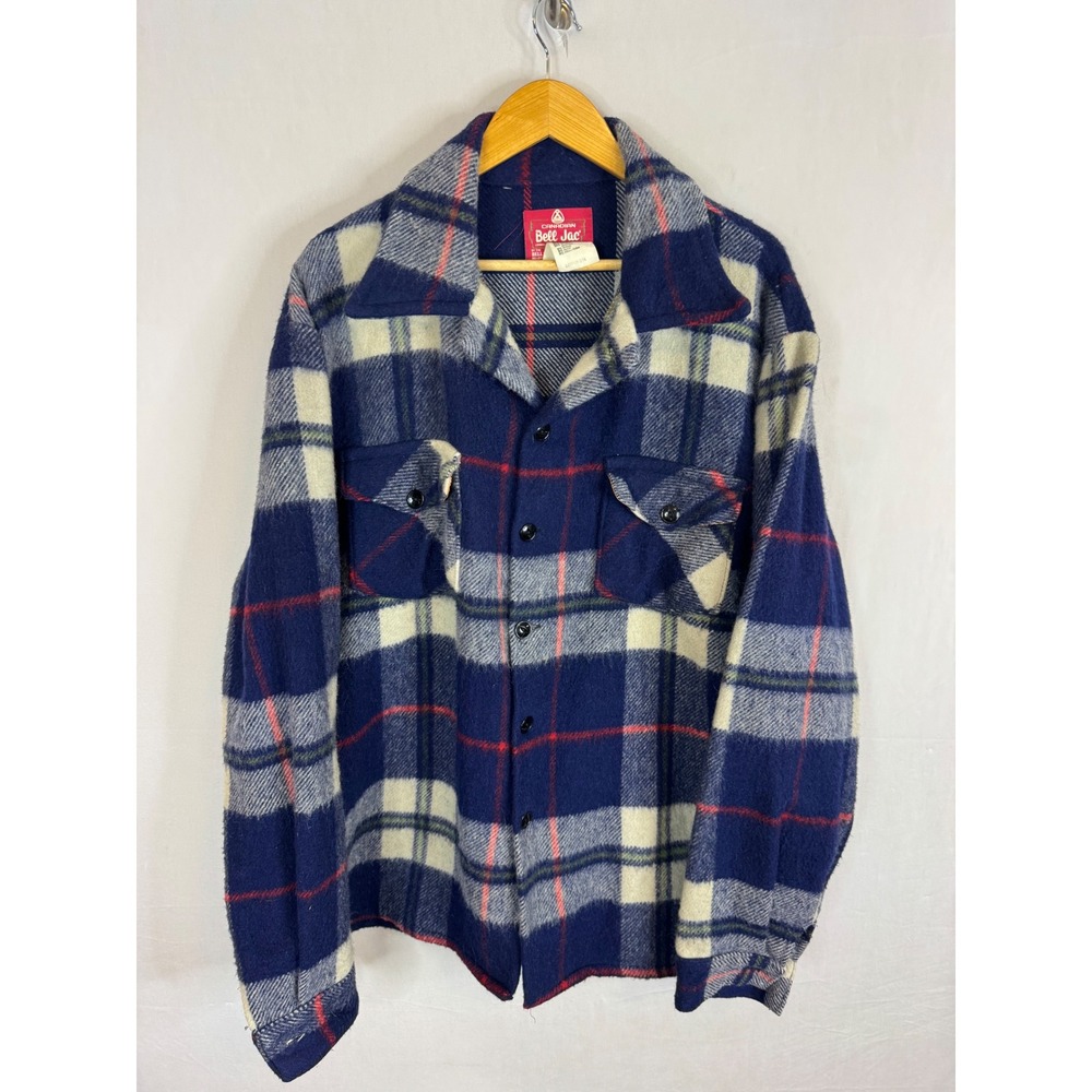 Vintage Canadian Bell Jac Wool Blend Plaid Shirt Jacket Navy Blue XXLT Tall